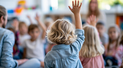 Fototapeta premium Faceless elementary school teacher sitting on class floor with little pupils and moving hands up in interactive group activity, playful teaching concept, school photography,