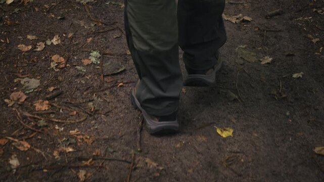 Cinematic tracking shot following man hiking on forest trail beneath the canopy of deciduous woodland. Smooth low angle camera movement, trekking, outdoor adventure and nature exploration