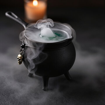 mystical cauldron with green potion emitting smoke on dark background for halloween ambiance