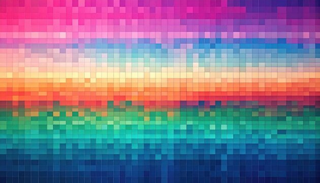 A pixelated sunset with vibrant hues transitioning from pink to blue