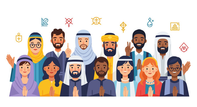 Diverse group of people from various religions and cultures standing together with religious symbols above, promoting unity and peace.