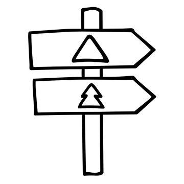 camping accesory a forest trail sign hand drawn black and white outline. Mindful summer hiking camping concept.