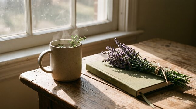 Steaming cup of tea with a bouquet of lavender and a notebook on a rustic wooden table by the window.