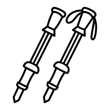 camping accesory a pair of trekking poles hand drawn black and white outline. Mindful summer hiking camping concept.