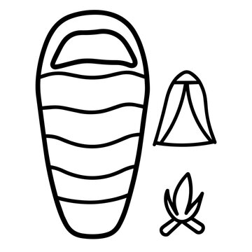 camping accesory a sleeping bag hand drawn black and white outline. Mindful summer hiking camping concept.
