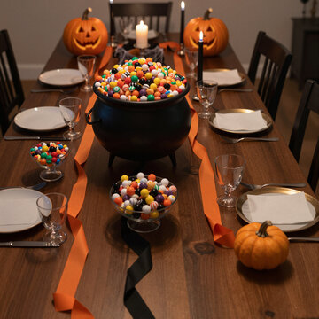 festive halloween table setting with candy cauldron and jack-o-lanterns enhancing spooky atmosphere