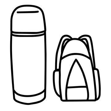 camping accesory a thermos hand drawn black and white outline. Mindful summer hiking camping concept.