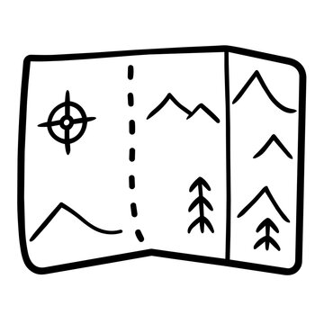 camping accesory a trail map hand drawn black and white outline. Mindful summer hiking camping concept.