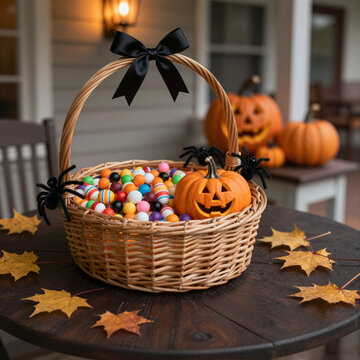 halloween basket with candy and carved pumpkin on porch table festive autumn setting with leaves