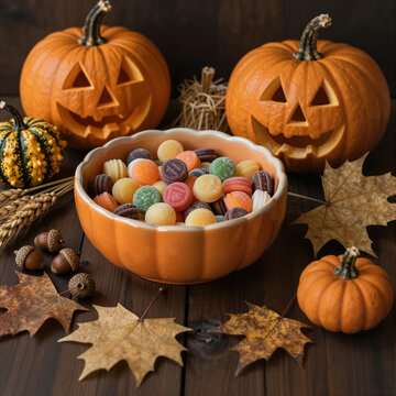 halloween autumn scene with colorful candies in pumpkin bowl surrounded by jack o lanterns and leaves