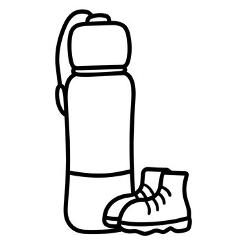 camping accesory a water bottle hand drawn black and white outline. Mindful summer hiking camping concept.