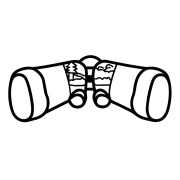 camping accesory a wildlife binocular view hand drawn black and white outline. Mindful summer hiking camping concept.