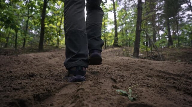 Cinematic follow shot of man climbing sandy trail through pine forest in slow motion. Low camera movement, male hiking, physical effort, wilderness travel and active lifestyle