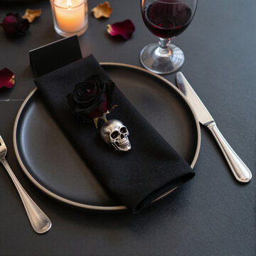elegant halloween dinner table setting with black rose and skull decor featuring candlelight and wine glass