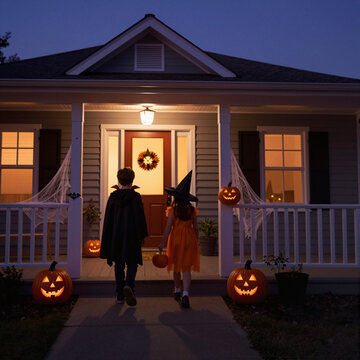 children in halloween costumes approaching decorated house with pumpkins and spider webs at night