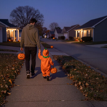 father and child in pumpkin costumes strolling suburban neighborhood on halloween evening