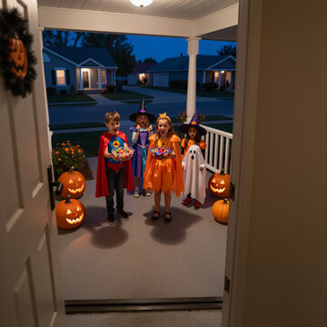 children in halloween costumes trick-or-treating at a front porch decorated with carved pumpkins
