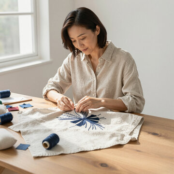 asian woman sewing a pattern in bright room creating handmade crafts with focus and care