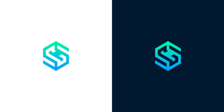 Minimalist hexagonal monogram logo with S and G letters in cyan gradient for tech branding