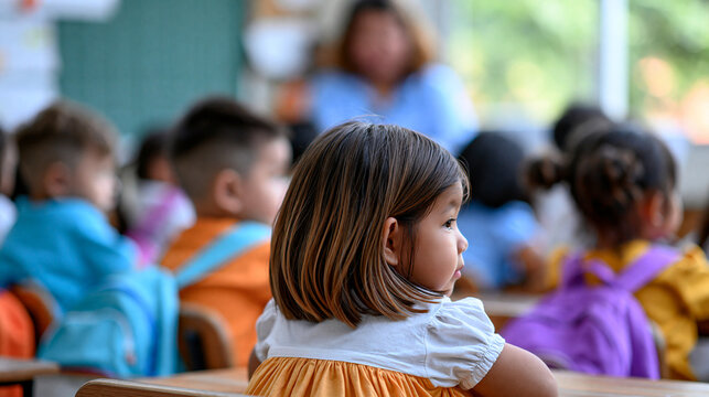 Faceless group of school kids sitting and listening to teacher in classroom from back view representing education elementary learning, student engagement concept, school