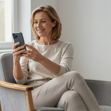 smiling adult woman using smartphone in cozy living room, concept of modern communication and relaxation