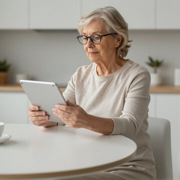 senior woman using digital tablet in modern kitchen setting an active lifestyle in home environment