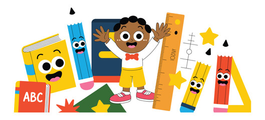 Fototapeta premium Cute school supplies mascot characters set, funny education elements, colorful vector illustration, isolated background, classroom design