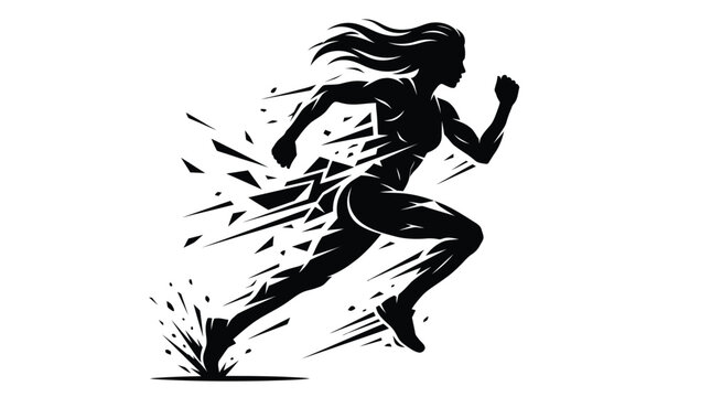 Athletic female sprinter running fast in a dynamic black and white silhouette graphic art style