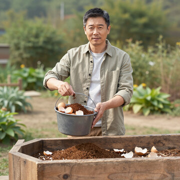 asian man gardening in backyard composting with eggshells in a bright autumn day sustainable living