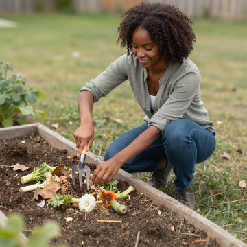 young woman gardening in autumn, tending to compost in raised bed, concept of sustainable living