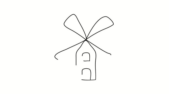 Mill, architecture, grinding, bread making. Contour drawing, silhouett animation. Continuous line. Isolated on white. Video 4k object illustration self-drawing. Object construction. Minimalist continu