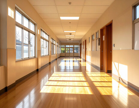 夕日が差し込む学校の廊下　窓から光が射し込む木目の床と教室のドアがある放課後の静かな校舎の風景　ノスタルジックな雰囲気の教育施設やイメージ映像に最適な奥行きのある室内空間素材