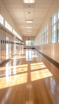 学校の廊下と並ぶロッカー　木目調の床に差し込む自然光と窓から入る光のコントラスト　教育施設や校舎のイメージ背景素材　清潔感のある明るい公共空間の室内写真　文字入れ可能なコピースペースのある広角構図