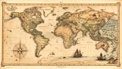 Obraz premium Antique parchment world map with classic cartography elements.