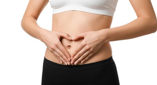 Woman making heart shape over stomach symbolizing love for gut health and wellness
