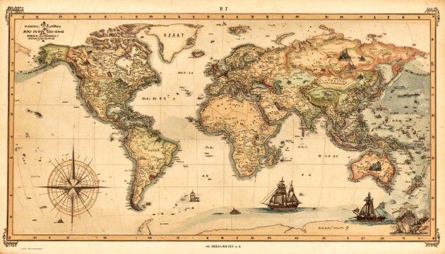 Antique parchment world map with classic cartography elements.