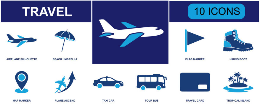 Travel icon set. Containing airplane, beach umbrella, flag marker, hiking boot, map marker, plane ascend, taxi car, tour bus, travel card, tropical island and more. Solid fill vector icons.