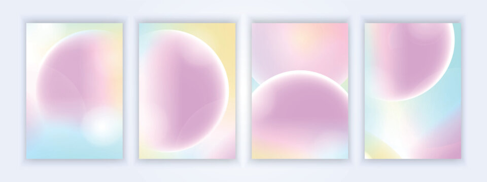 Set of abstract pastel fluid gradient backgrounds with glowing spheres. Holographic modern minimalist poster cover templates.