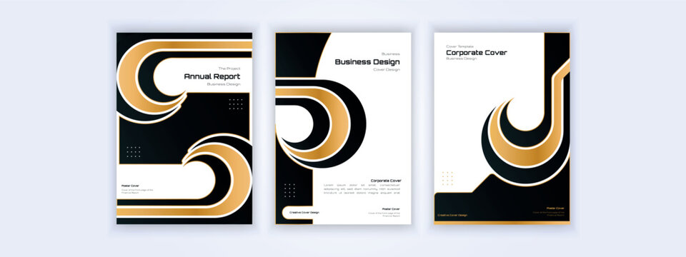 Three elegant modern corporate cover vector designs with black and gold waves