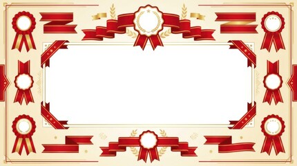 Obraz premium Certificate border frame with red ribbons and award badges