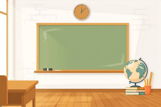Classroom interior with a green chalkboard wooden desk globe and analog clock vector illustration school education learning blackboard geography