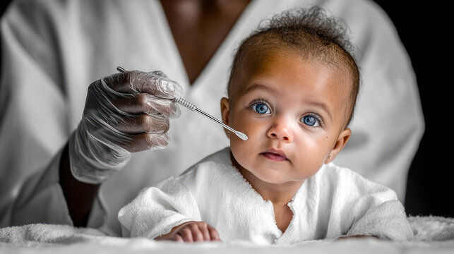 Pediatric nurse performing oral swab on infant using cotton bud for sample collection, hygiene check and newborn testing during clinic exam to assist diagnosis and routine pediatric screening