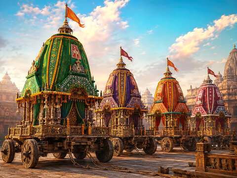 Jagannath rath yatra colorful festival chariots arranged across temple courtyard beneath clear skies during traditional rath yatra celebrations showcasing vibrant craftsmanship and culture