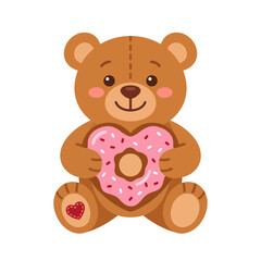 Obraz premium Cute teddy bear holding a pink heart-shaped glazed donut
