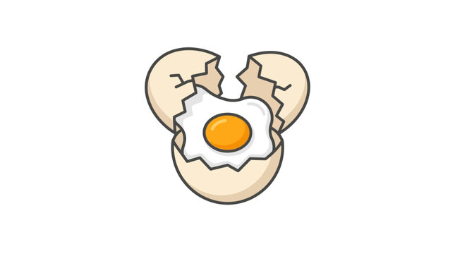 A cracked egg with a sunny side up yolk inside a broken shell.