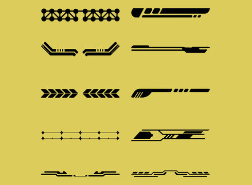 Set of futuristic black geometric dividers and tech interface elements for digital design.