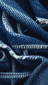 Close-up of deep blue denim fabric, seams, and folds