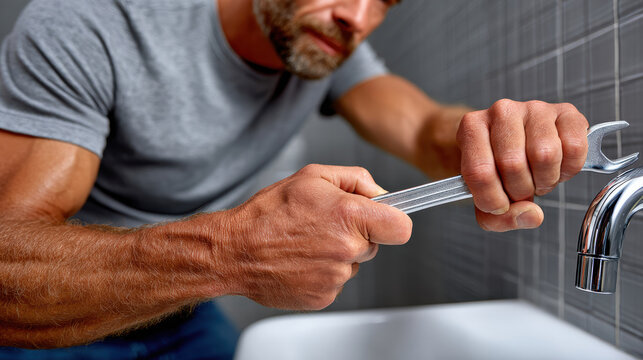 Male plumber tightening a bathroom faucet connection with a wrench for repair and maintenance close up for plumbing service and home repair background