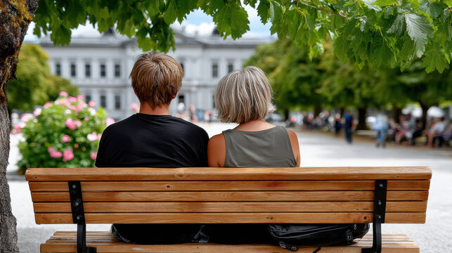 Couple sitting on wooden park bench under tree viewed from behind in city square capturing a quiet travel rest moment and peaceful outdoor leisure scene