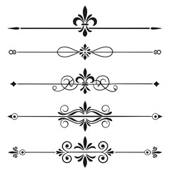 Set of vector page dividers featuring fleur de lis motifs and classic flourish ornaments for elegant stationery design and professional document decoration isolated on clean white background elements. © felesa11
